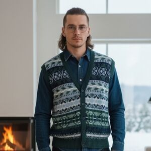 Estate Vintage 90s Sweater Vest Button Front Cardigan Geometric Print Size M